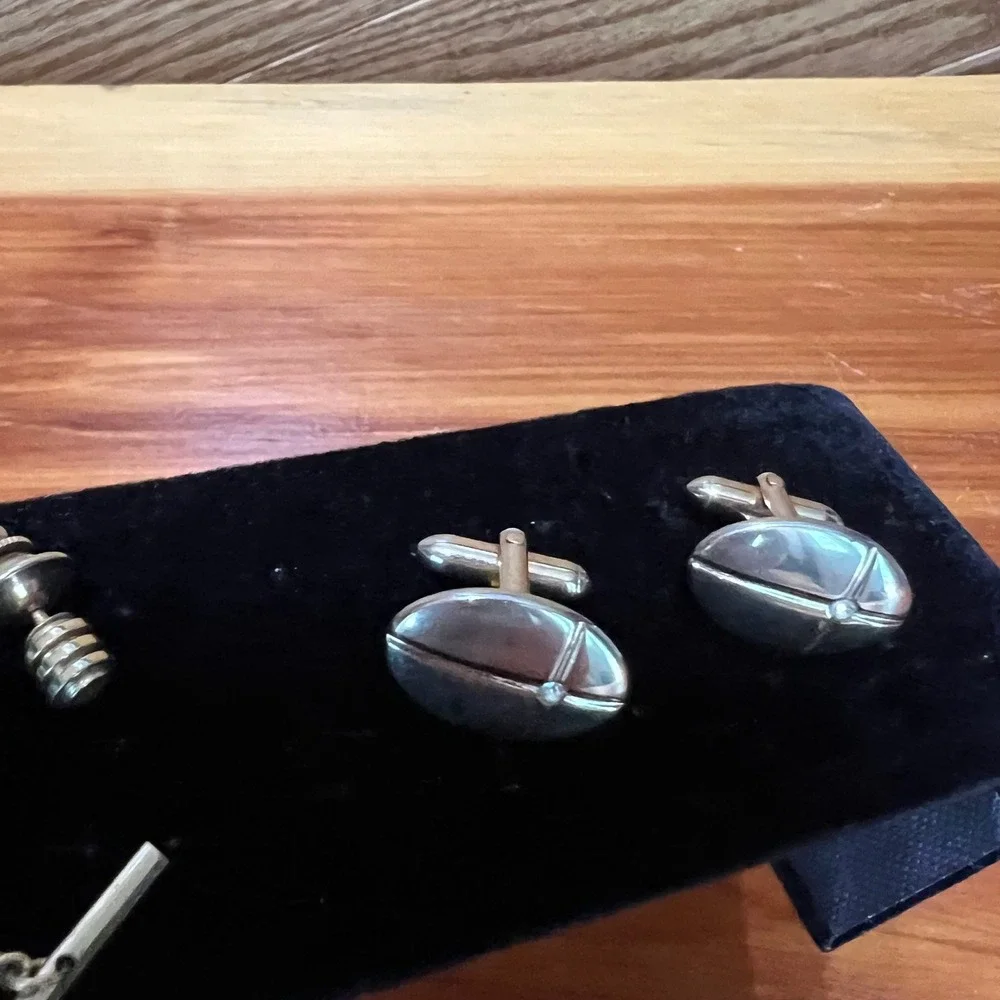Vintage Swank Cufflinks Tie Tack Set Gold Tone Rhinestone Mid Century Modern MCM